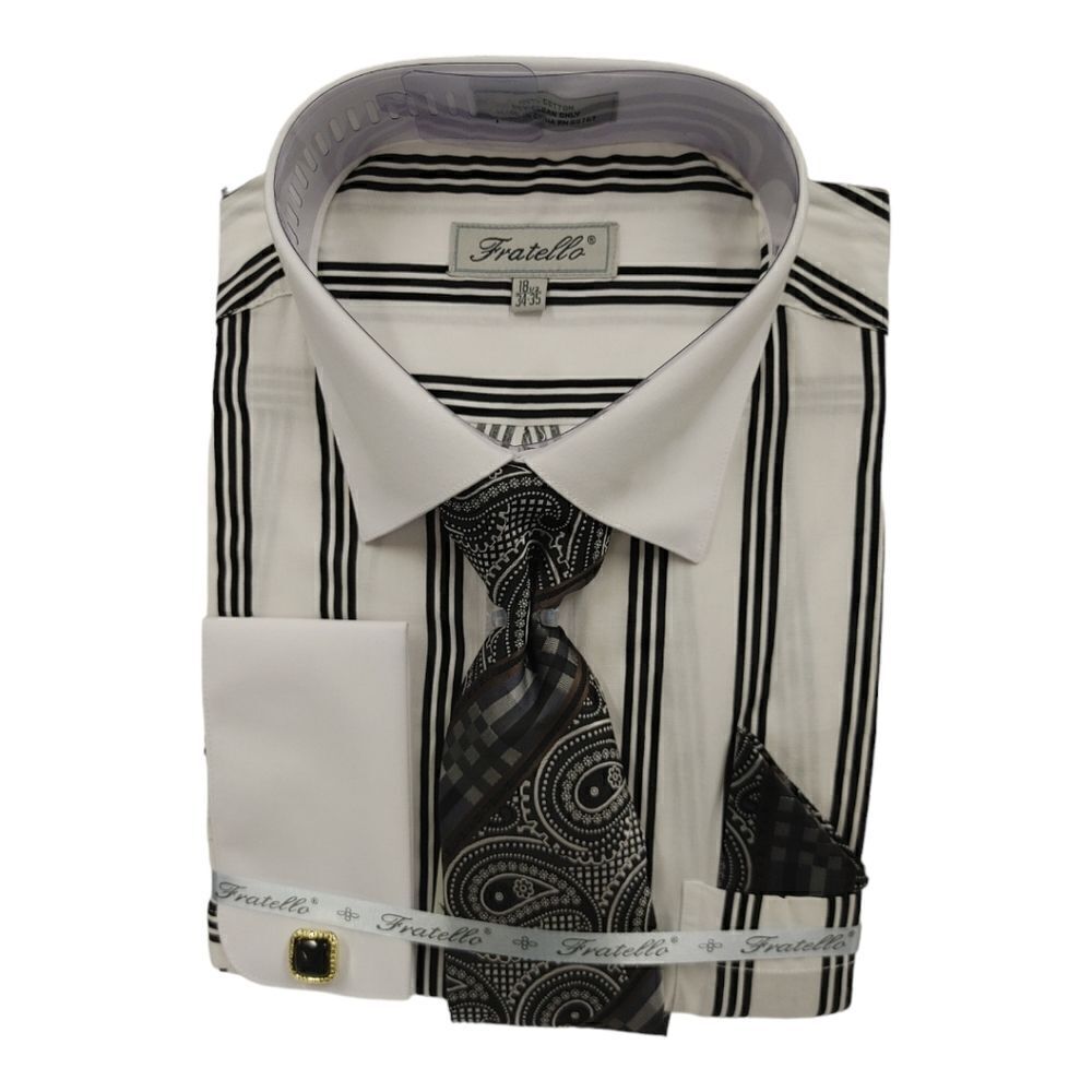 MEN'S FRATELLO TRIPLE STRIPED WHITE COLLAR FRENCH CUFF DRESS SHIRT. FRV4159P2.